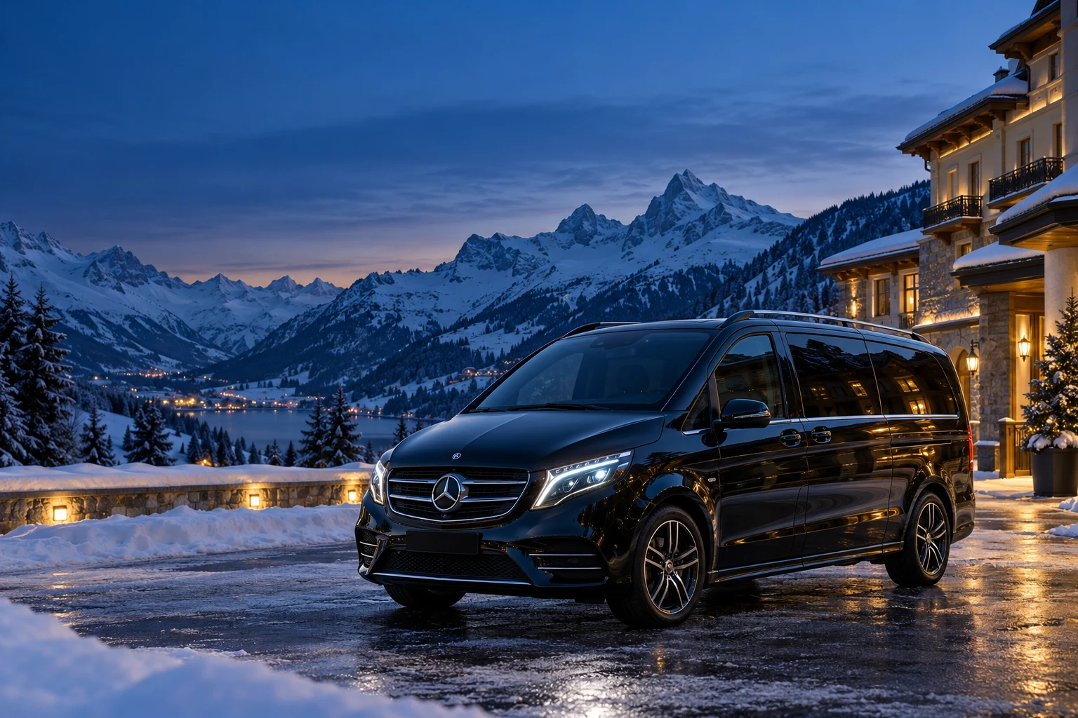 Illustrative Mercedes-Benz V-Class in a winter Alpine setting